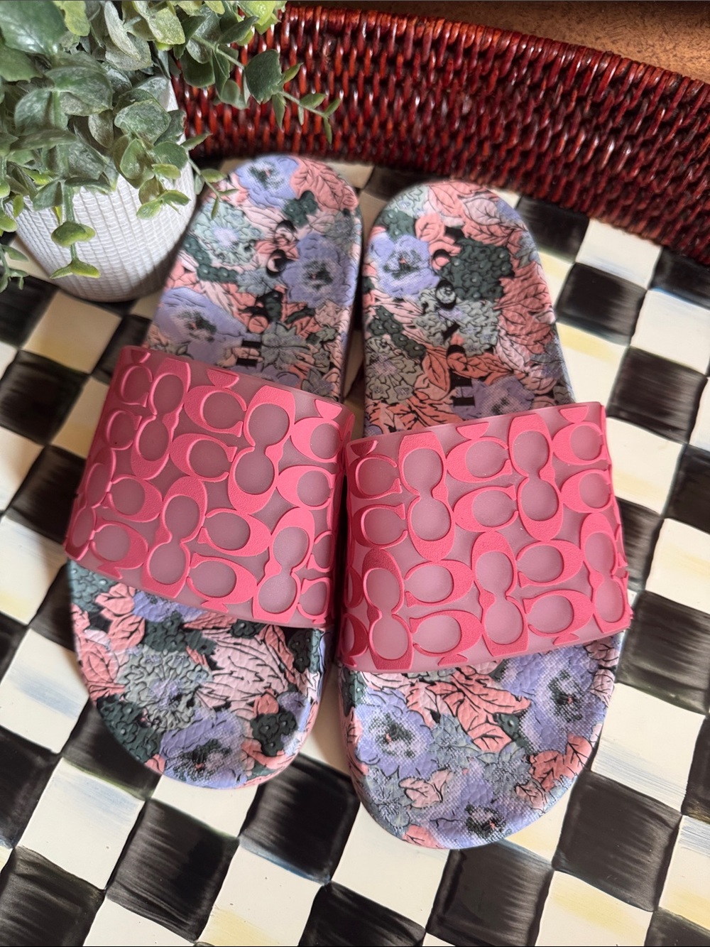Coach Pink Floral Logo Slide Sandals